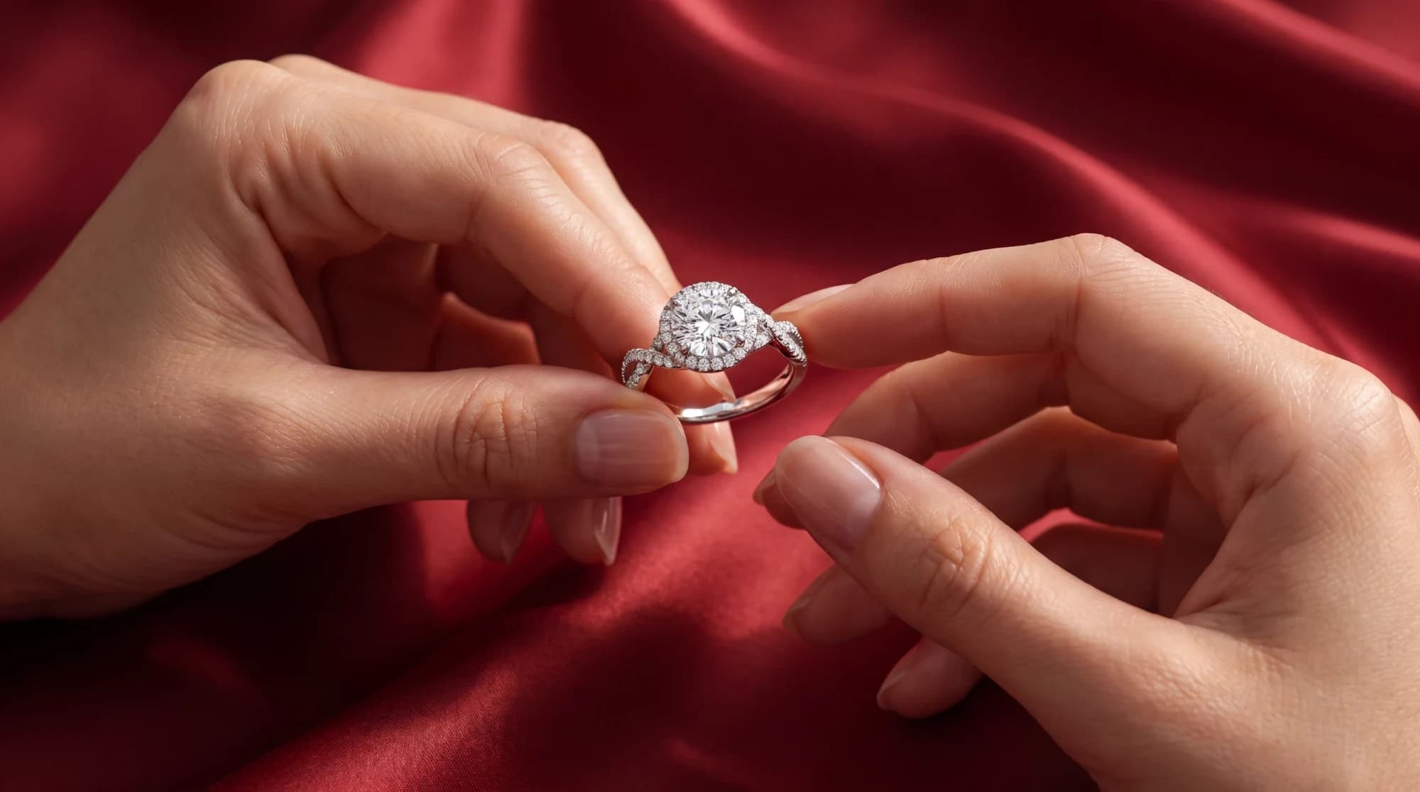 Two hands holding a DANHOV halo engagement ring over red satin