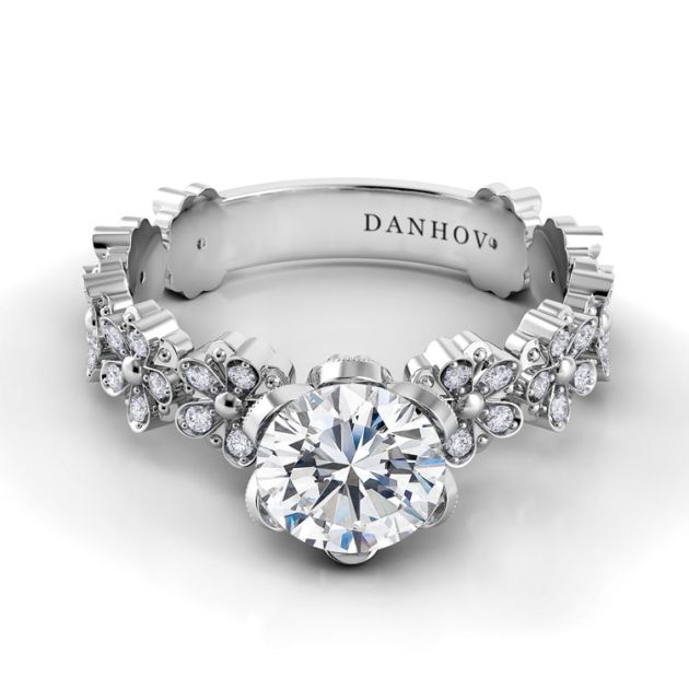 Danhov Petalo Single Shank Floral Engagement Ring in 14k White Gold