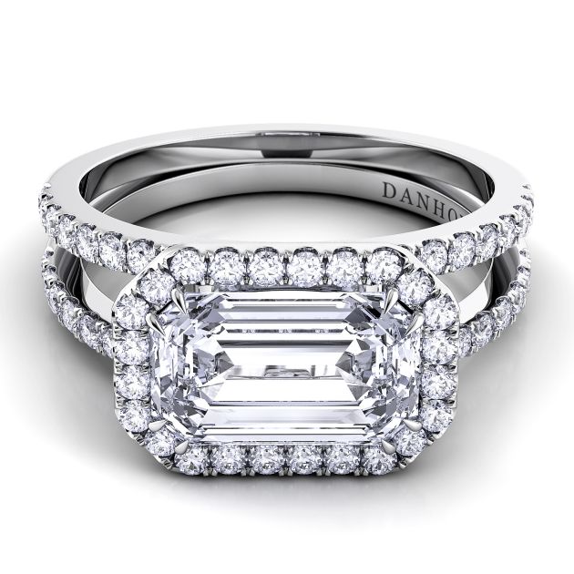 Danhov Per Lei Double Shank Emerald Engagement Ring in 14k White Gold