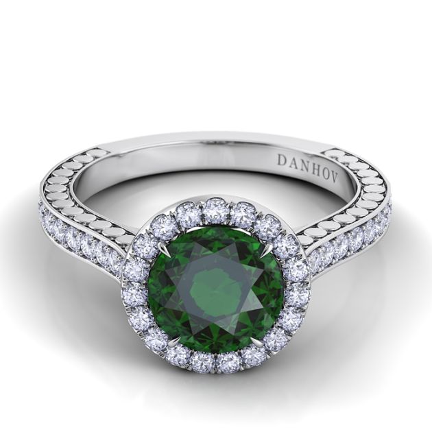 Danhov Tubetto Single Shank Green Tourmaline Diamond Ring in 14k White Gold