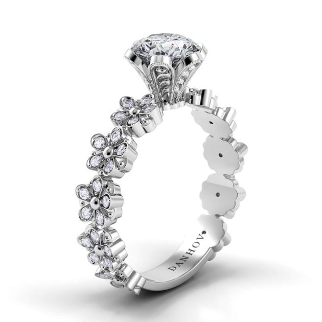 Danhov Petalo Single Shank Floral Engagement Ring in 14k White Gold