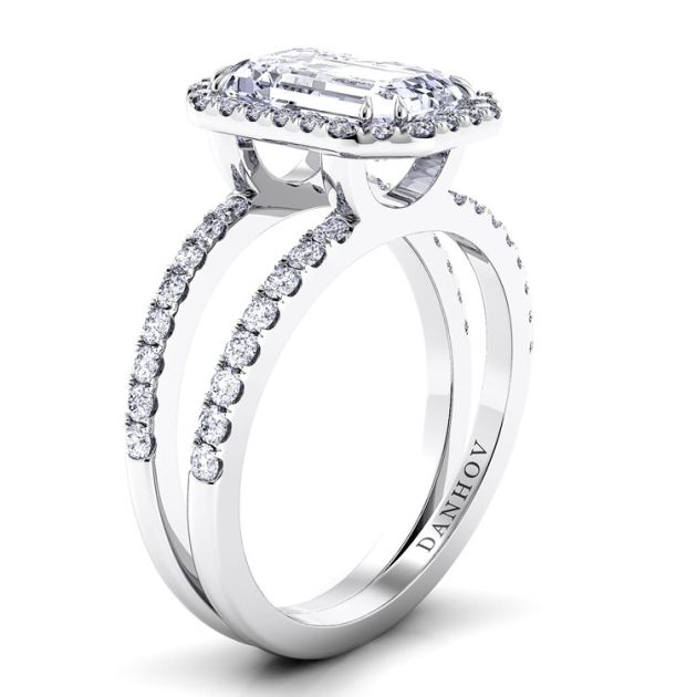 Danhov Per Lei Double Shank Emerald Engagement Ring in 14k White Gold