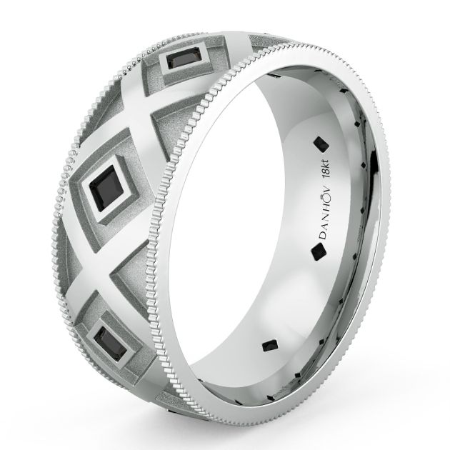 Danhov Classico Flat Black Diamond Wedding Band for Men in 14k White Gold