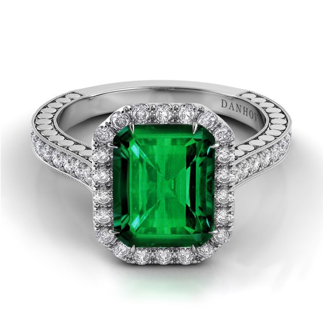 Danhov Tubetto Single Shank Emerald Diamond Ring in 14k White Gold