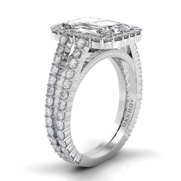 Danhov Carezza Double Shank Emerald Engagement Ring in 14k White Gold