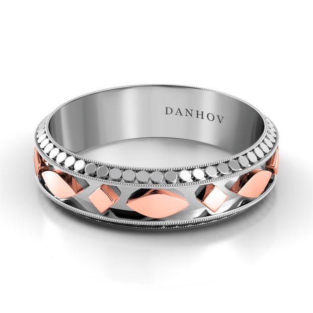 Danhov Tubetto Red  Domed Men's Wedding Band in 14k White Gold